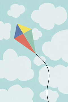 Colorful kite flying in sky full of white clouds
