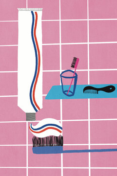 Illustration of toothbrush and toothpaste against tiled wall