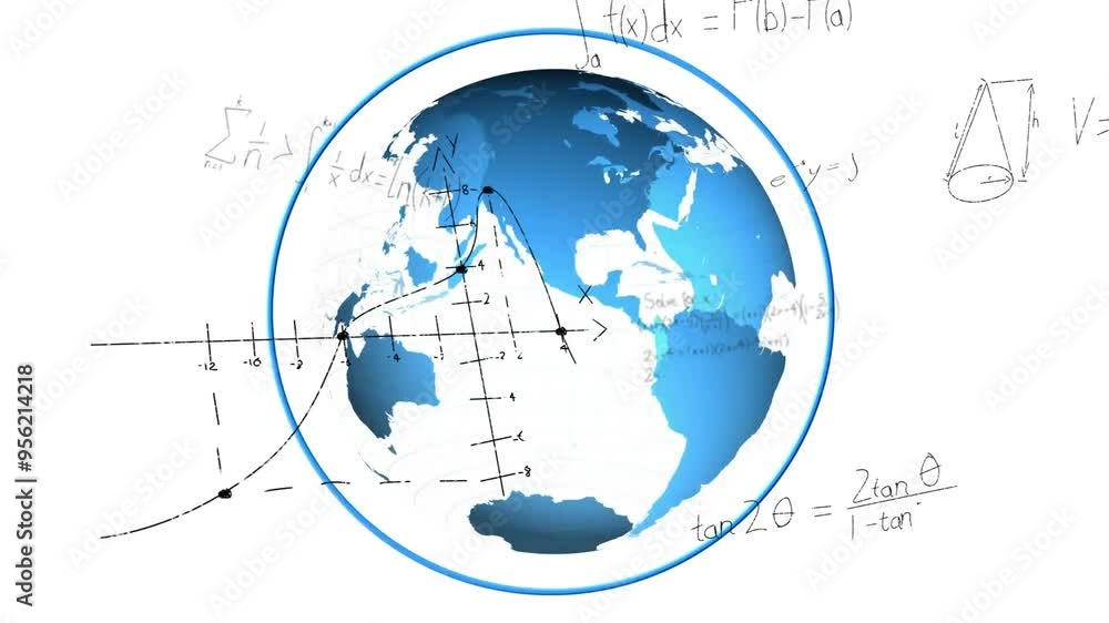 Poster mathematical equations and graphs animation over rotating globe