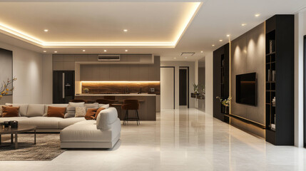 Modern living room with elegant design, featuring cozy sofa, stylish kitchen, and warm lighting. space exudes comfort and sophistication.