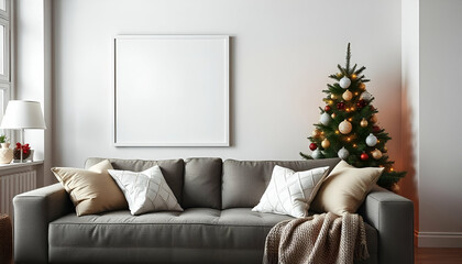 A room that feels like Christmas has a gray sofa, white throw pillows, and a white frame on the wall.