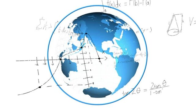 Mathematical equations and graphs animation over rotating globe