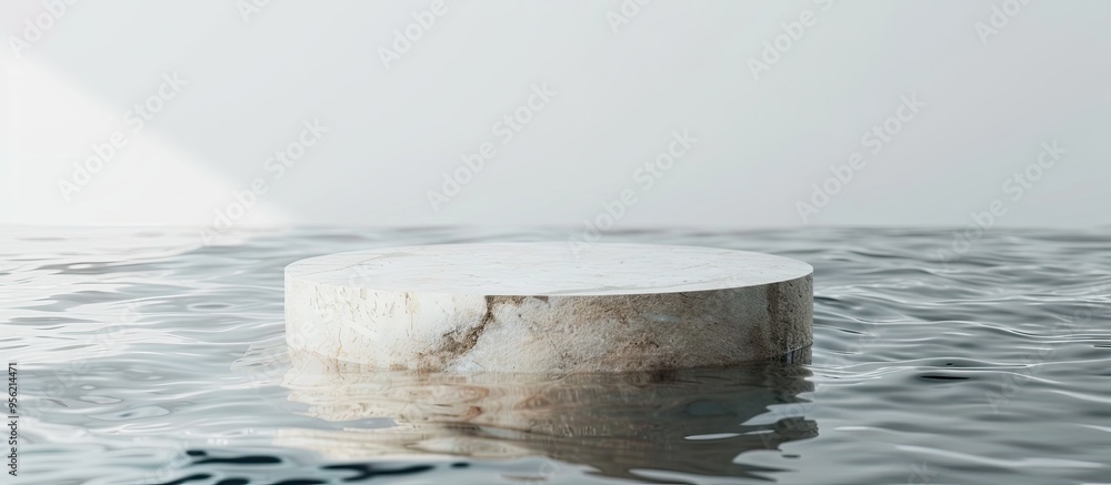 Poster a stone podium showcasing a product floating in water against a white backdrop visible from above wi