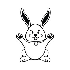A charming black and white illustration of a happy cartoon bunny with large ears and a playful expression, raising its arms as if waving