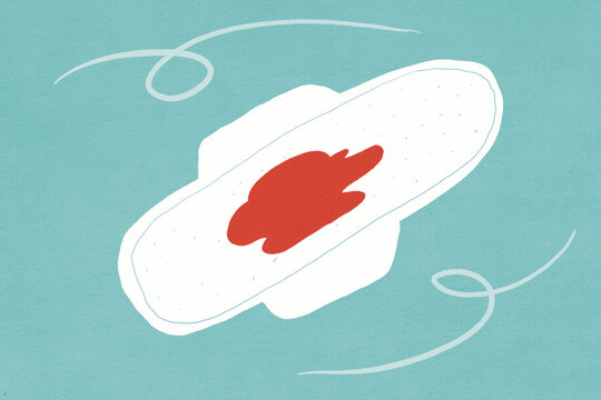 Menstrual pad with red stain on blue background