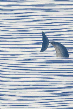 Blue whale diving in striped sea against white background
