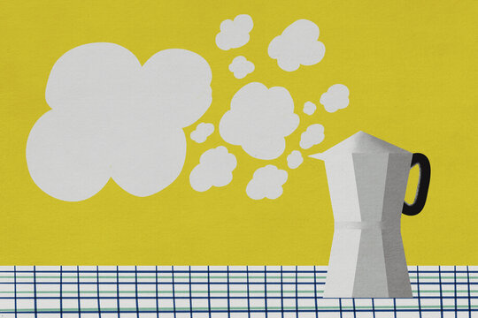 Moka pot brewing against yellow background
