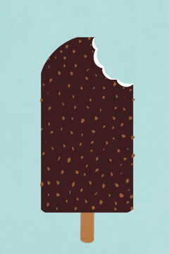 Chocolate ice cream with missing bite against blue background