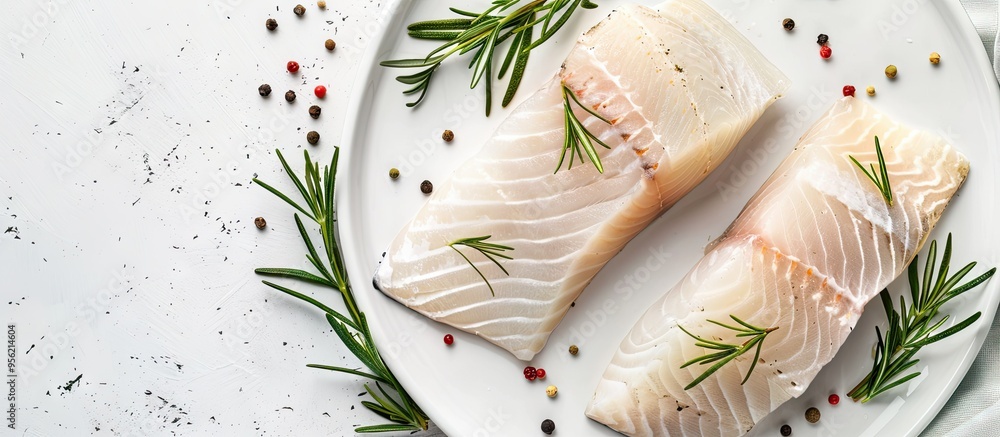 Poster white background with copy space image for raw codfish fillets