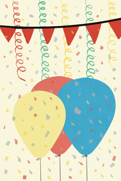 Colorful balloons with confetti against cream colored background