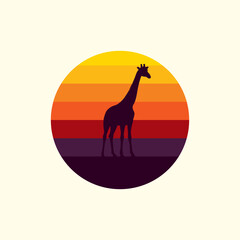 Giraffe silhouette against a striped retro sunset. Original vector illustration in vintage style isolated on light background. T-shirt design.