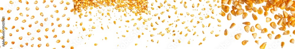 Poster Falling corn seeds isolated on white background with selective focus