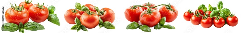 Poster on white background, isolated tomato and basil, full depth of field, clipping path
