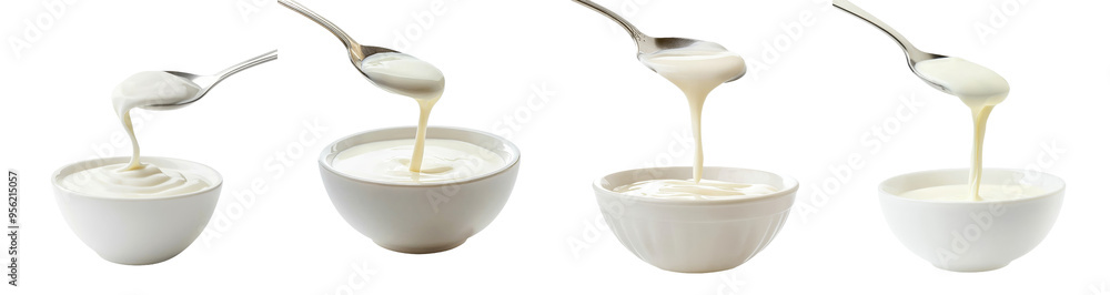 Poster in the background are sour cream, mayonnaise, yogurt, all isolated on white background. the clipping