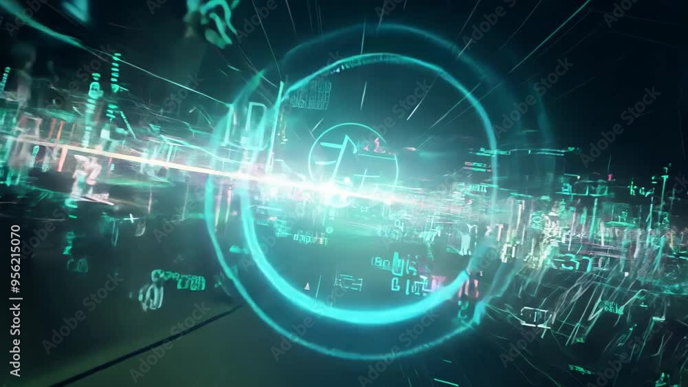 Aufkleber futuristic holographic interface displaying digital data in teal and green tones, with glowing circu