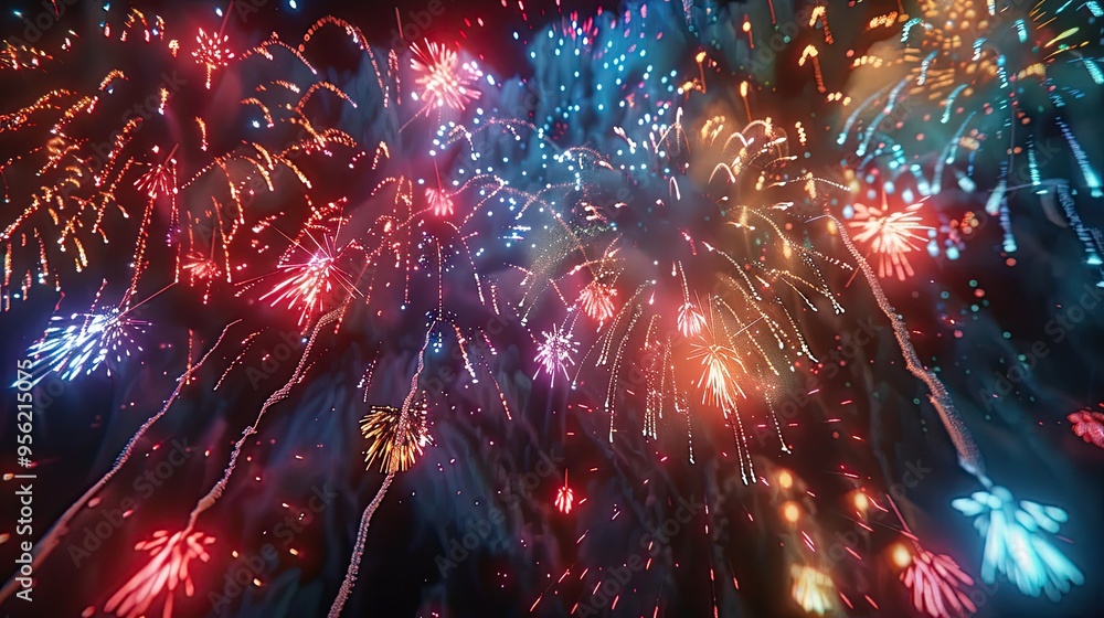 Poster Fireworks show with dazzling bursts of colorful lights in the night sky creating a mesmerizing spectacle