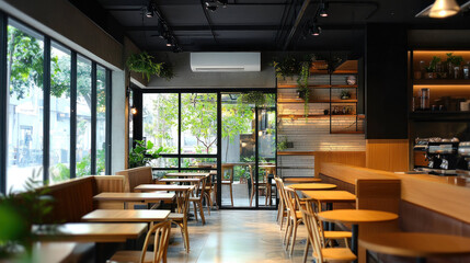 A modern cafe interior featuring wooden tables, greenery, and large windows. inviting atmosphere is perfect for relaxation or work.
