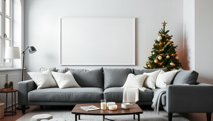 A living room with a gray sofa, white throw pillows, and a white blank framed  on the wall, christmas