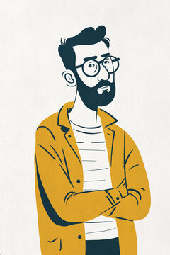 Illustration of thoughtful man with arms crossed against beige background