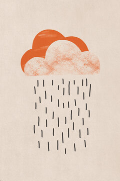 Illustration of orange cloud with rain against beige background