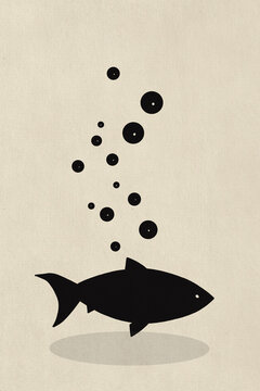 Illustration of black fish with bubbles against colored background