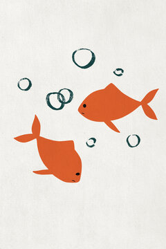 Illustration of orange fishes with bubbles against colored background