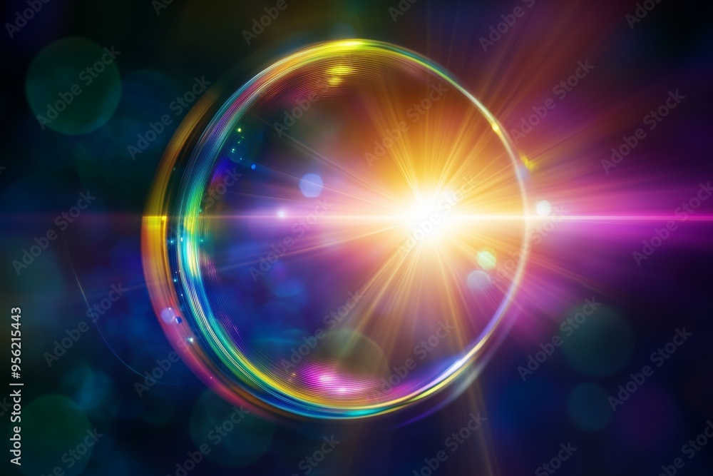 Poster colorful lens flare with vibrant light rays creating a stunning visual effect in a dark background