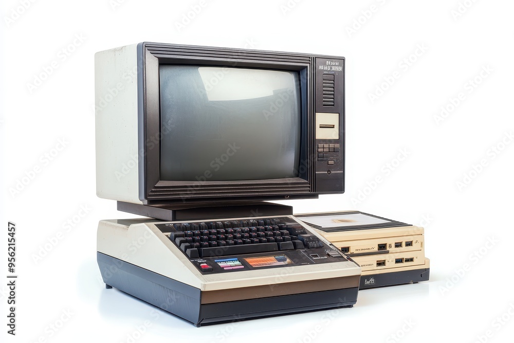 Aufkleber a vintage personal computer setup featuring a monitor and disk drives.