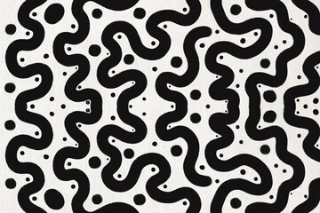 Abstract black seamless pattern with wavy lines and dots over white background