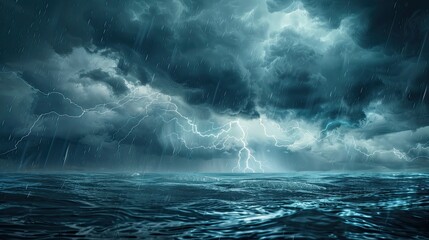 Naklejka premium Storm by the sea Thunder sky Rain Heavy dark clouds with sparkling lightning