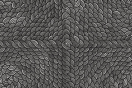 Abstract seamless pattern of black and white semi-circles creating hypnotic optical illusion