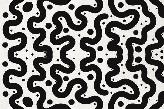 Abstract black seamless pattern with wavy lines and dots over white background