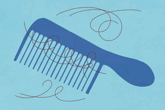 Illustration of hair comb with hair strands over blue background