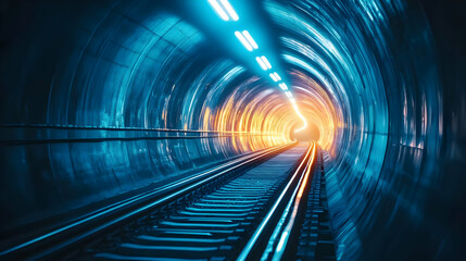 Train Tracks in Tunnel with Blue and Orange Lights