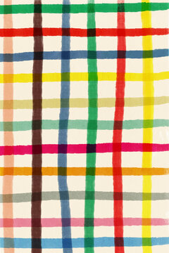 Watercolor painting of colorful stripes forming plaid pattern