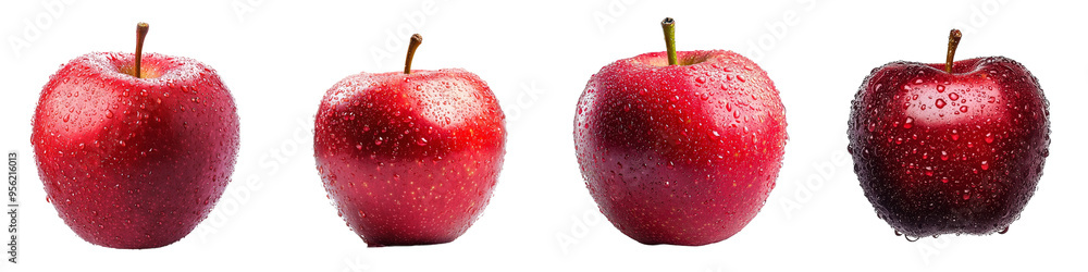 Poster Clipping path, depth of field, full depth of field, with a red apple with water drops on a white background