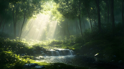 Obraz premium Sunbeams Through Forest Canopy Stream Waterfall Green Lush