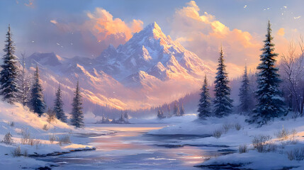 Majestic Mountain Range with Snowy Peak and Frozen River at Sunset