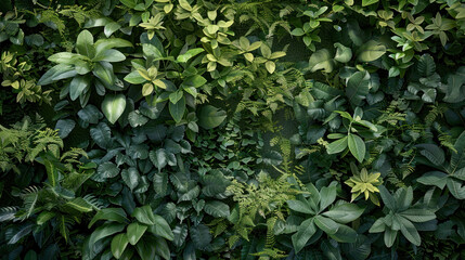 Lush green foliage creates vibrant and serene atmosphere, showcasing various leaf shapes and textures.