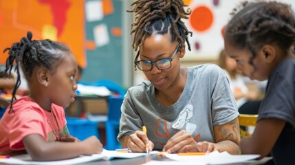 Team of volunteers tutors children at an afterschool program, boosting community engagement and providing educational support.