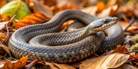Fototapeta premium A brownish-gray snake with a pointed snout blends into bushy terrain, surveying mid-ground amidst fallen leaves and twigs.