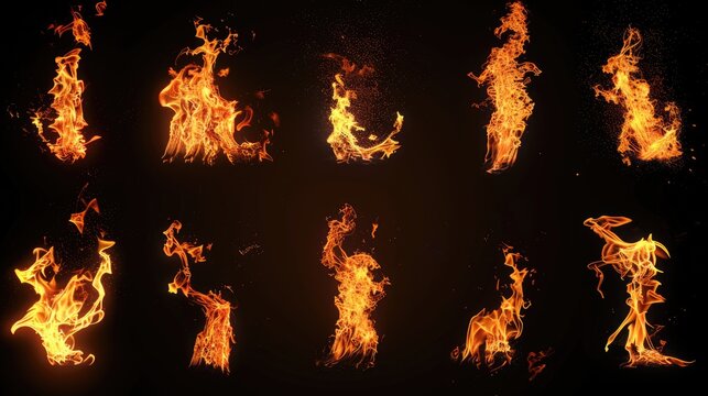 High resolution fire collection isolated on black background