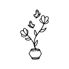 A charming black-and-white outline of a vase with two flowers and butterflies fluttering around.