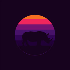 Silhouette of a rhinoceros against a striped retro sunset. Original vector illustration in vintage style isolated on black background. T-shirt design.