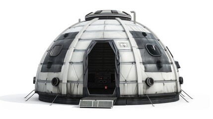 Space base structure white and dark grey round plastic tent on white background