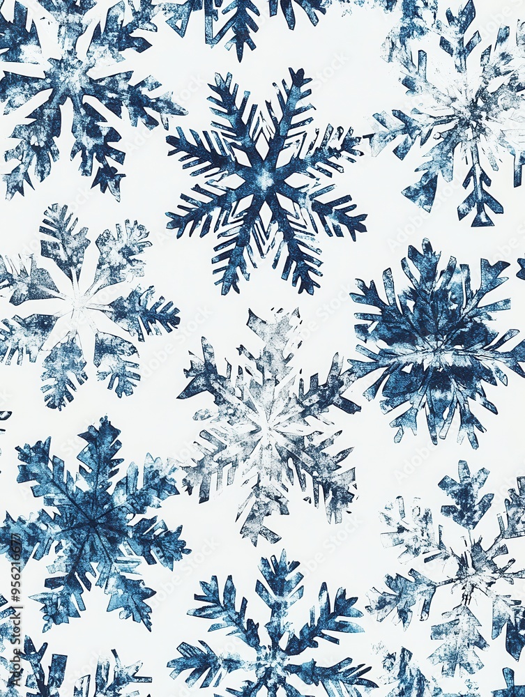 Poster Intricate patterns of abstract snowflakes in various shapes and sizes create a serene winter atmosphere with cool blue hues. Generative AI