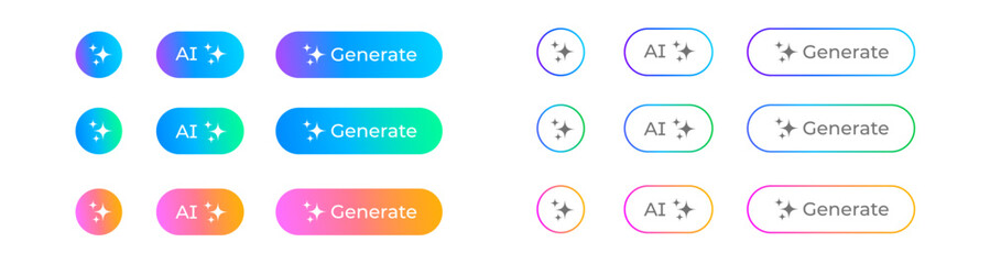 AI generated buttons set for artificial intelligence generate app. Artificial intelligence generate buttons for web tools or AI generation online application UI icons