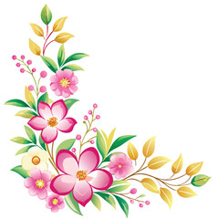 Simple Floral Corner Vector Design in Pink and Gold Colors, Elegant Floral Design for Invitations and Decorative Projects, Isolated on White Transparent Background in High-Resolution