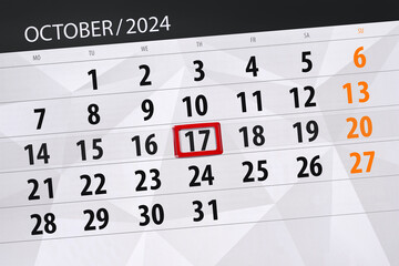 Obraz premium Calendar 2024, deadline, day, month, page, organizer, date, October, thursday, number 17