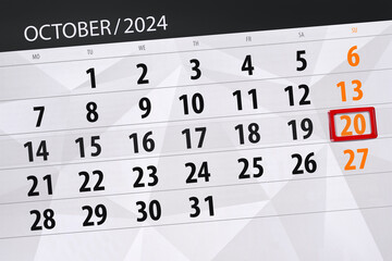 Calendar 2024, deadline, day, month, page, organizer, date, October, sunday, number 20